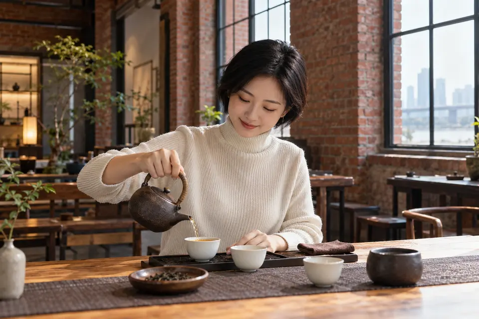 红砖改造空间内的茶席，陶壶与茶杯置于木质桌面